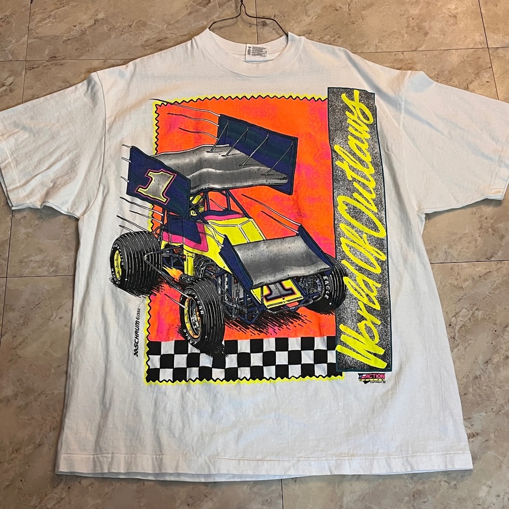 Vinatge 1995 World of Outlaws Midget Racing Tshirt XL Checker Neon Graphics Mens